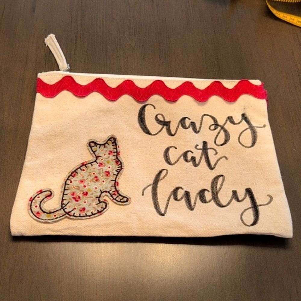 Handmade Crazy Cat Lady Zipper Pouch Bag With Ric Rac Trim & Floral Cat Applique